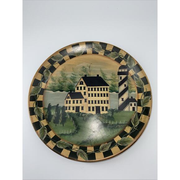 Vtg Pat Fischer Primitive Folk Art Hand Painted Plate Lighthouse Scene Signed - Picture 1 of 5